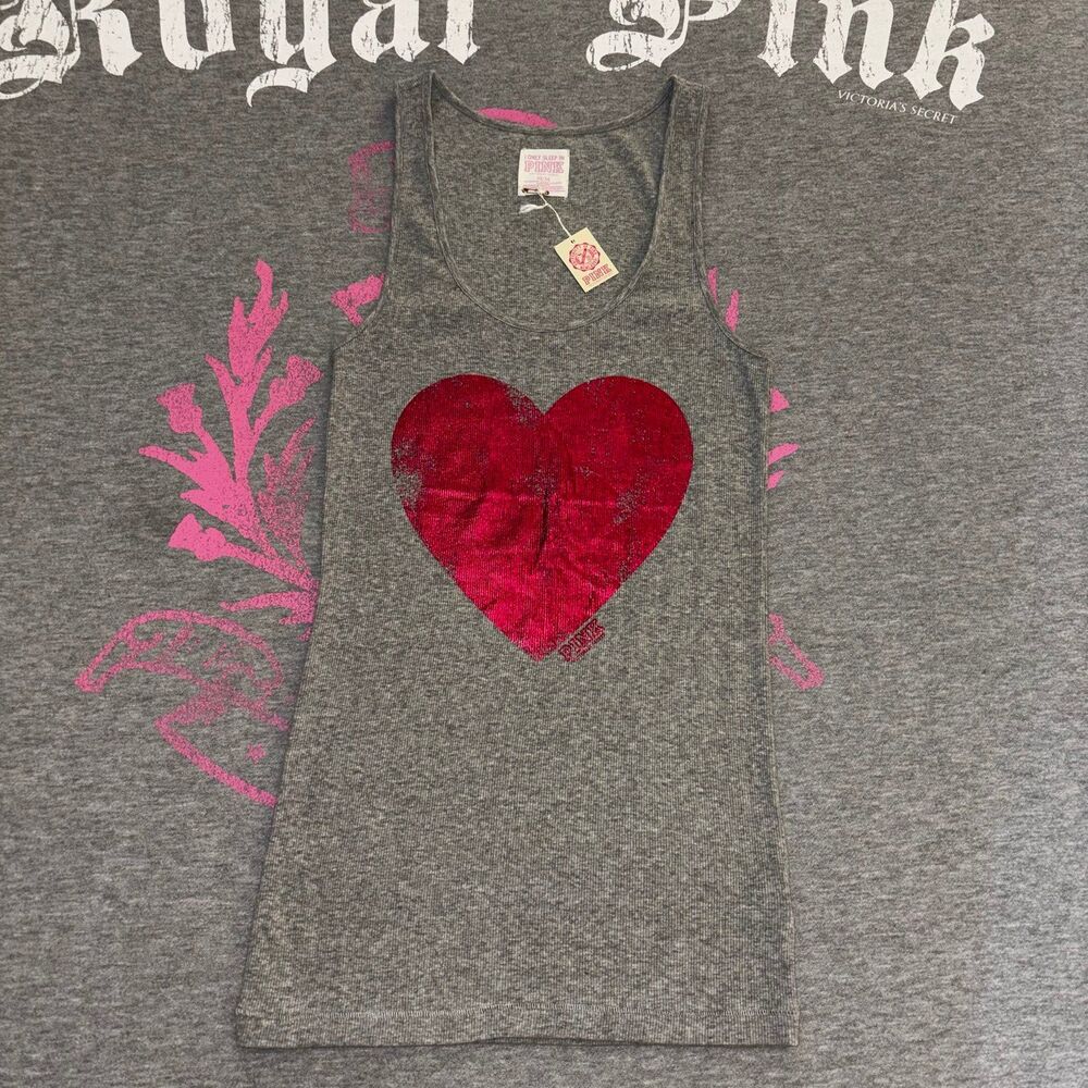 NWT VS PINK Gray Ribbed Sleep Tank Top A Line Tank Magenta Heart Y2K Size Medium